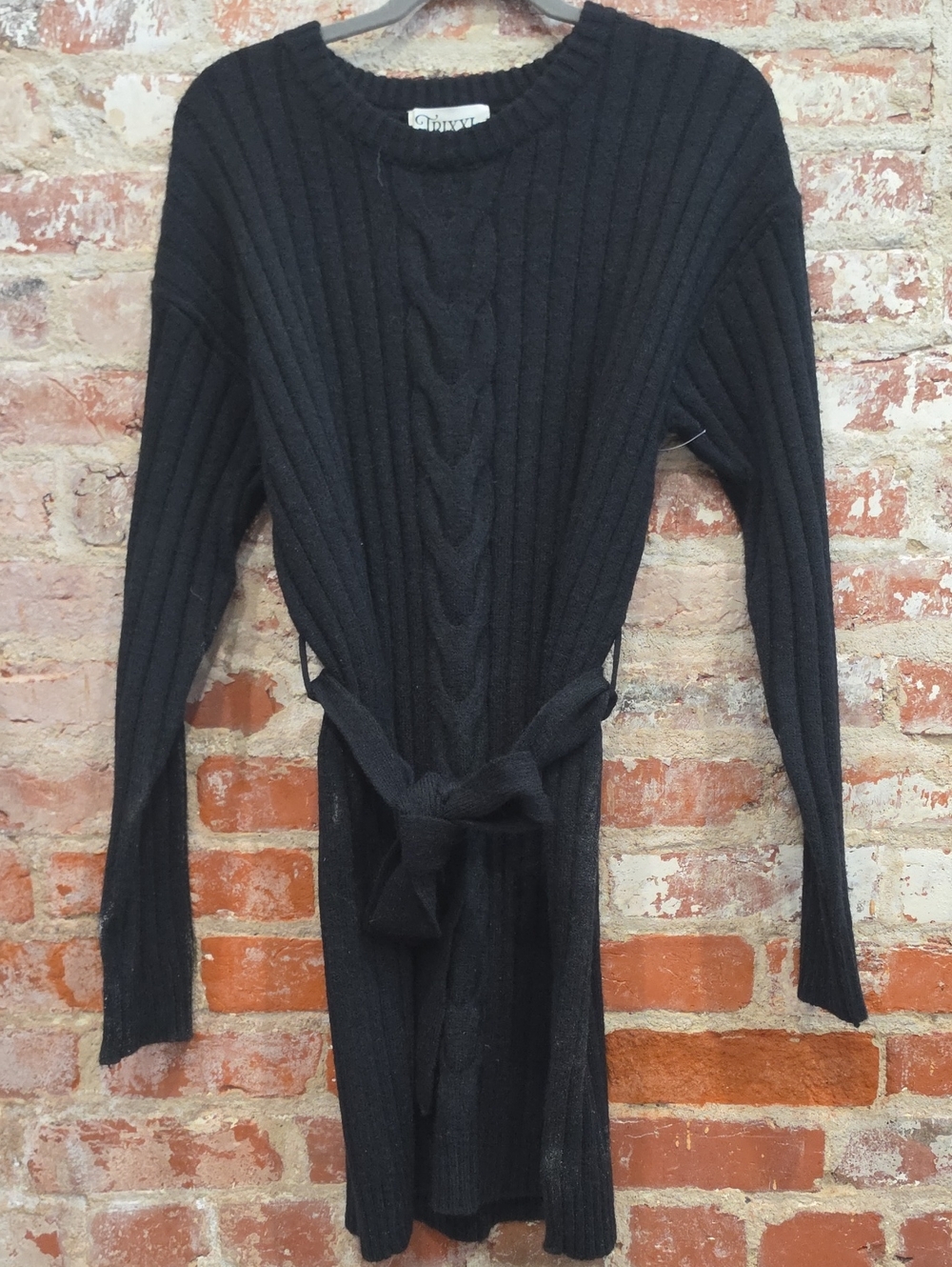 Trixxi Black Cable-Knit Long Sleeve Belted Sweater Dress